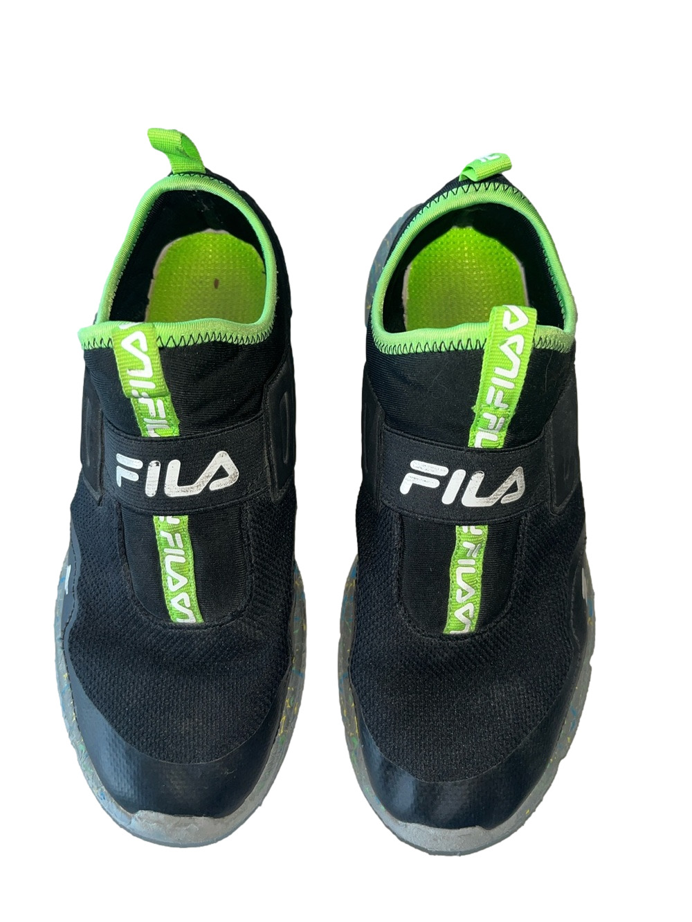 FILA Kids Black and Neon Green Slip-On Sneakers 5.5